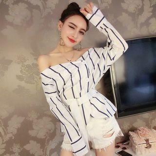 Striped Off-shoulder Long-sleeve Shirt With Belt