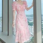 Short-sleeve Flower Print Ruffle Hem Midi Sheath Dress / Mini A-line Dress