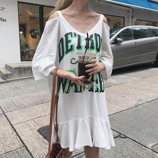 3/4-sleeve Lettering A-line Dress