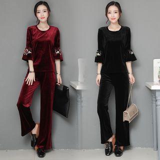 Set: Embroidered Velvet Elbow-sleeve Top + Track Pants