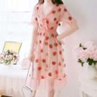 Short-sleeve Strawberry Print Mesh Midi Dress