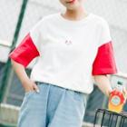 Embroidered Color Panel Elbow Sleeve T-shirt
