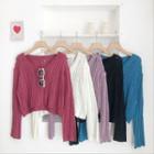 Plain V-neck Long-sleeve Cable-knit Top