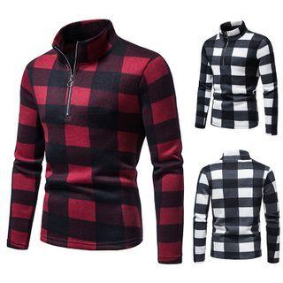 Long-sleeve Mock-neck Plaid Top