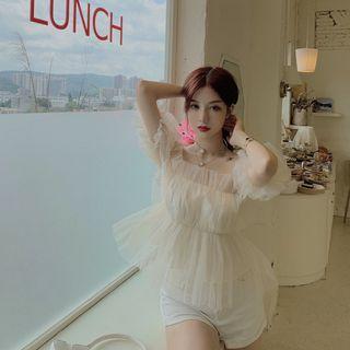 Puff-sleeve Mesh Peplum Blouse