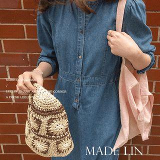 3/4-sleeve Button-up Denim Long Dress Blue - One Size