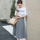 Set: Short-sleeve Letter T-shirt + Plaid A-line Midi Skirt