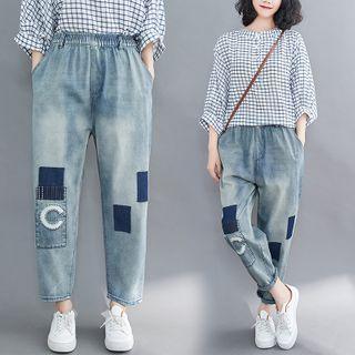Band-waist Applique Cropped Harem Jeans