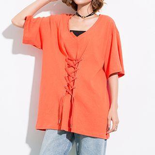 Plain Lace Up Front Elbow Sleeve T-shirt