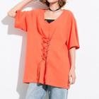 Plain Lace Up Front Elbow Sleeve T-shirt