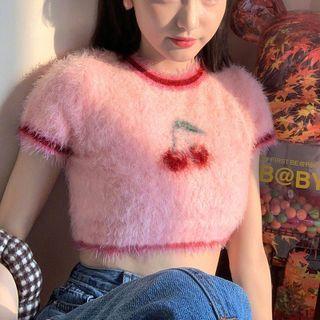 Short-sleeve Cherry Print Fluffy Cropped T-shirt