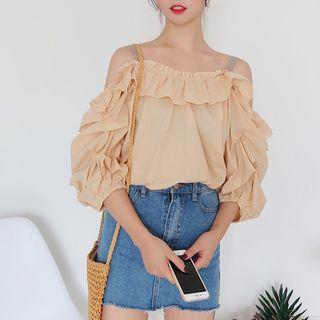 Cutout Shoulder 3/4 Sleeve Ruffled Blouse