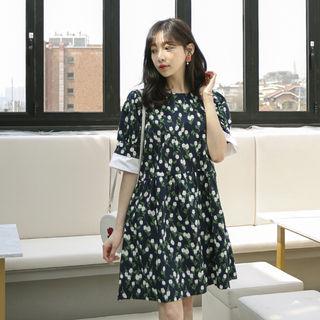 Contrast-cuff Loose-fit Floral Dress