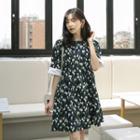 Contrast-cuff Loose-fit Floral Dress