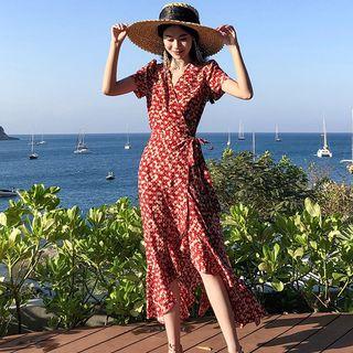 Short-sleeve Patterned Frill Trim Chiffon A-line Dress