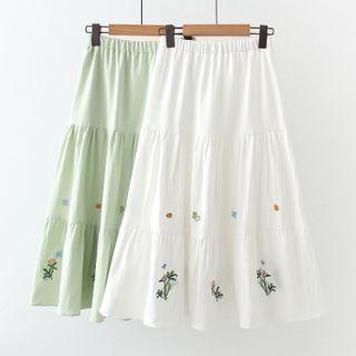 Floral Embroidered Tiered Midi A-line Skirt