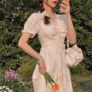 V-neck Plain Pleated Lace Drawstring Dress