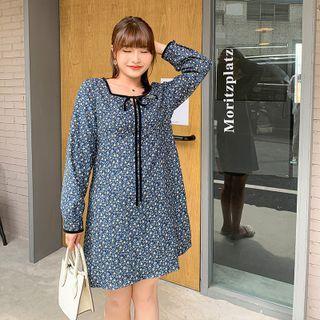 Long-sleeve Square-neck Floral Dress ( Long / Cropped )
