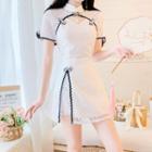 Mandarin Collar Lace Cutout Short-sleeve Mini A-line Dress