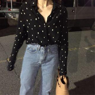 Retro Long-sleeved Wave Point Shirt Black - One Size