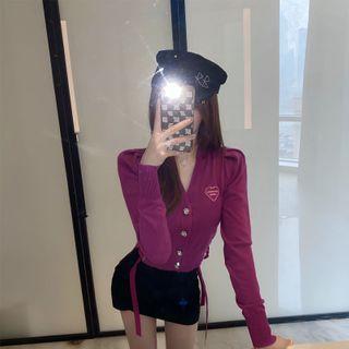 Embroidered Lace-up Cropped Cardigan