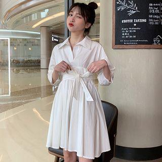Tie Waist 3/4-sleeve Collared Dress