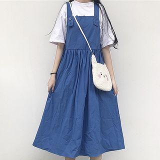 Elbow-sleeve Plain T-shirt / Midi A-line Overall Dress