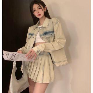 Washed Denim Jacket / High-waist Denim Mini Skirt