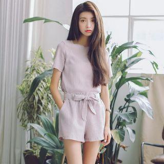 Set Of Two: Short-sleeve Crewneck Chiffon Top & Plain Shorts