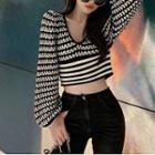 Balloon-sleeve Two-tone Patterned Sweater