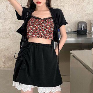 Short-sleeve Cropped Knit Top / Spaghetti Strap Floral Print Crop Top / A-line Mini Skirt