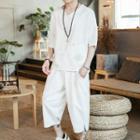 Set: Elbow-sleeve Embroidered Top + Harem Pants