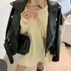Plain Sweater / Faux Leather Biker Jacket
