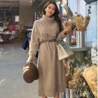 Turtleneck Midi Knit Dress Beige Gray - One Size