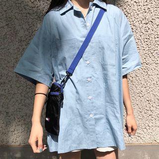Elbow-sleeve Shirt Blue - One Size