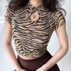 Stand-collar Zebra Print Short-sleeve Top