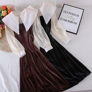 Mock Two-piece Peter Pan Collar Long-sleeve Panel Mesh Dress