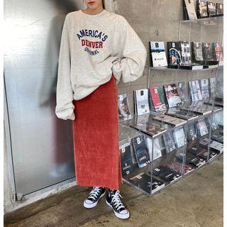 Lettering Pullover / Corduroy Midi A-line Skirt