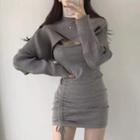 Set: Cropped Sweater + Spaghetti Strap Drawstring Mini Knit Dress