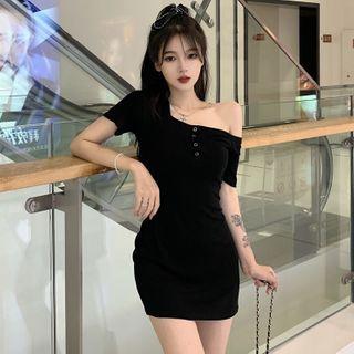 One-shoulder Bodycon Mini Dress Black - One Size