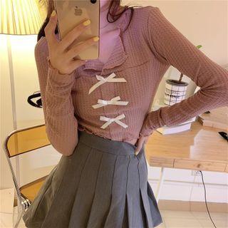 Long-sleeve Bow Knit Top Pink Top - One Size