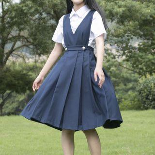 Set: Short-sleeve Shirt + Midi A-line Overall Dress