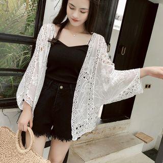 Perforated Knit Lace Paneled Light Jacket White - One Size
