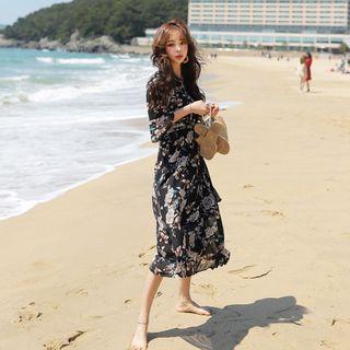 Floral Chiffon Surplice-wrap Long Dress