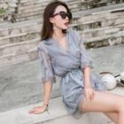 3/4-sleeve Embroidered Playsuit