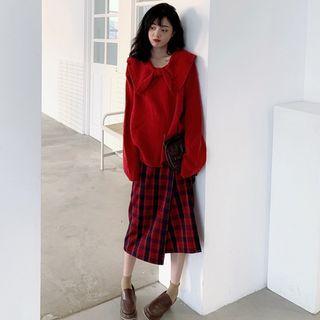 Bow Collar Sweater / Plaid Midi A-line Wrap Skirt