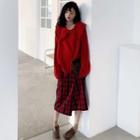 Bow Collar Sweater / Plaid Midi A-line Wrap Skirt