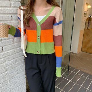 Long Sleeve V-neck Color Block Cropped Cardigan Stripe - One Size