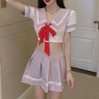 Short-sleeve Sailor Collar Crop Shirt / Pleated A-line Skirt / Set