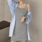 Long-sleeve Stripe Loose Fit Shirt / Plain Bodycon Tank Top Dress